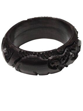 Hand Carved Dark Wood Bangle Rhino Elephant Motif Nature Inspired Statement